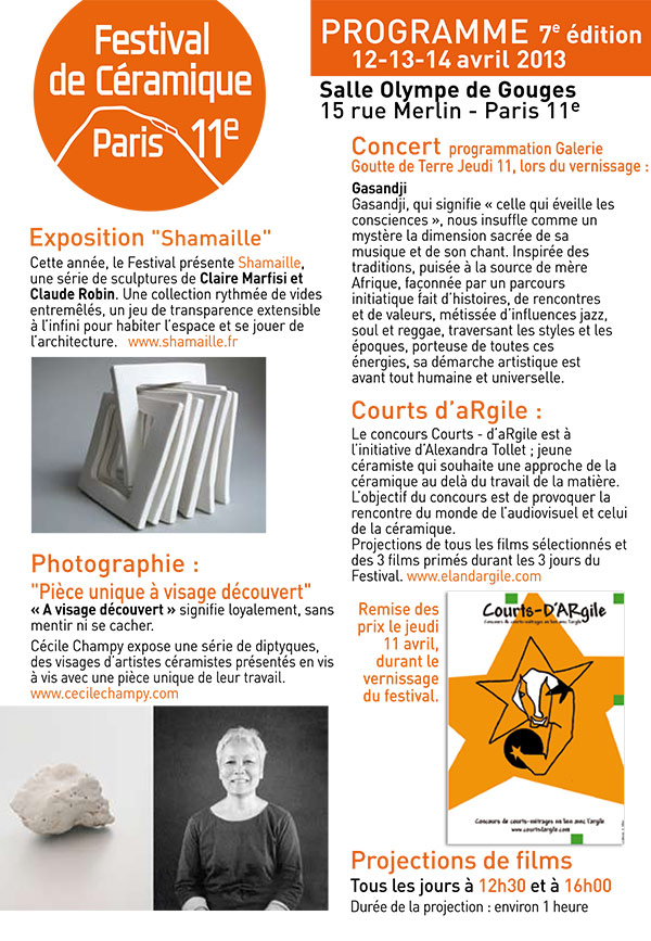 Programme Festival de Ceramique Paris 11 édition 2013